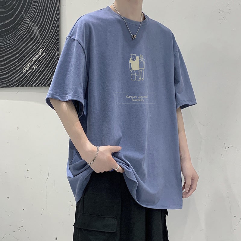 Short-Sleeved Men's T-Shirt, Summer Loose Five-Quarter Sleeve Top, Ins Harajuku Hong Kong Style Trendy Brand Half-Sleeve T-Shirt, Casual and Versatile - Image 1