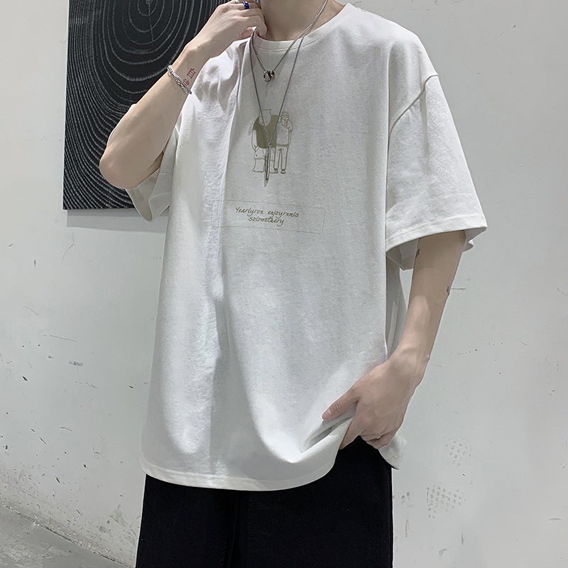 Short-Sleeved Men's T-Shirt, Summer Loose Five-Quarter Sleeve Top, Ins Harajuku Hong Kong Style Trendy Brand Half-Sleeve T-Shirt, Casual and Versatile - Image 5