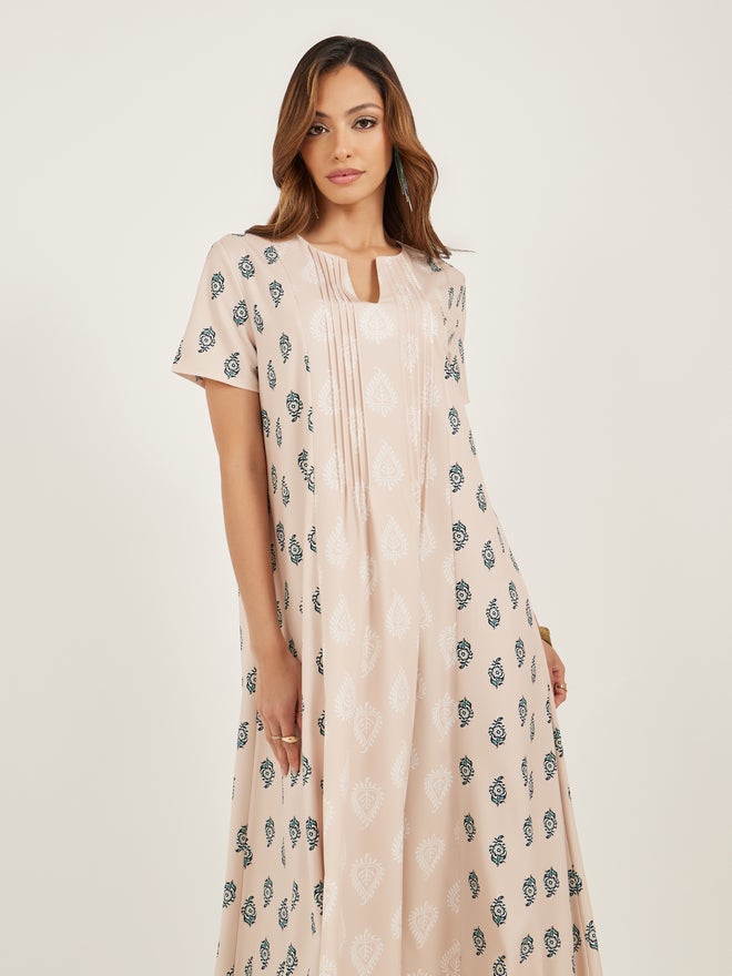 Styli Amirah All Over Print Short Sleeve Pintuck Jalabiya  - Image 2