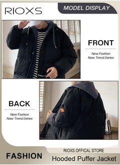 RIOXS Men's Winter Puffer Jacket Men's Winter Hooded Stitching Fake Two-piece Down Jacket Plush Thicken and Oversize Black Casual Jacket  - Image 3