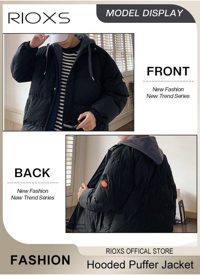 RIOXS - Men's Winter Puffer Jacket Men's Winter Hooded Stitching Fake Two-piece Down Jacket Plush Thicken and Oversize Black Casual Jacket - Image 1