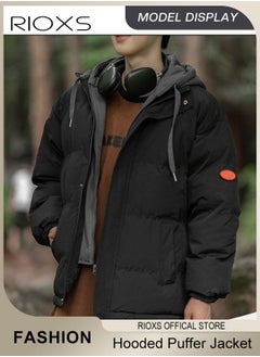 RIOXS Men's Winter Puffer Jacket Men's Winter Hooded Stitching Fake Two-piece Down Jacket Plush Thicken and Oversize Black Casual Jacket  - Image 1