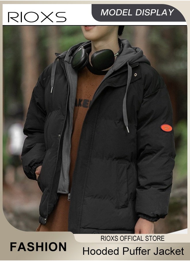 RIOXS - Men's Winter Puffer Jacket Men's Winter Hooded Stitching Fake Two-piece Down Jacket Plush Thicken and Oversize Black Casual Jacket - Image 1