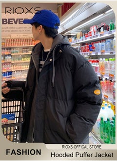 RIOXS Men's Winter Puffer Jacket Men's Winter Hooded Stitching Fake Two-piece Down Jacket Plush Thicken and Oversize Black Casual Jacket  - Image 2