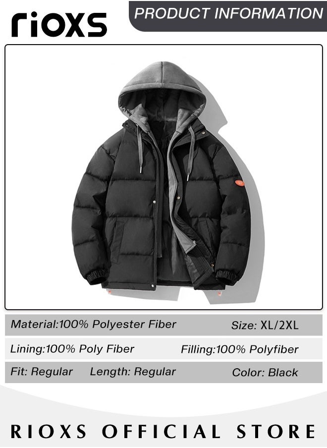 RIOXS - Men's Winter Puffer Jacket Men's Winter Hooded Stitching Fake Two-piece Down Jacket Plush Thicken and Oversize Black Casual Jacket - Image 1