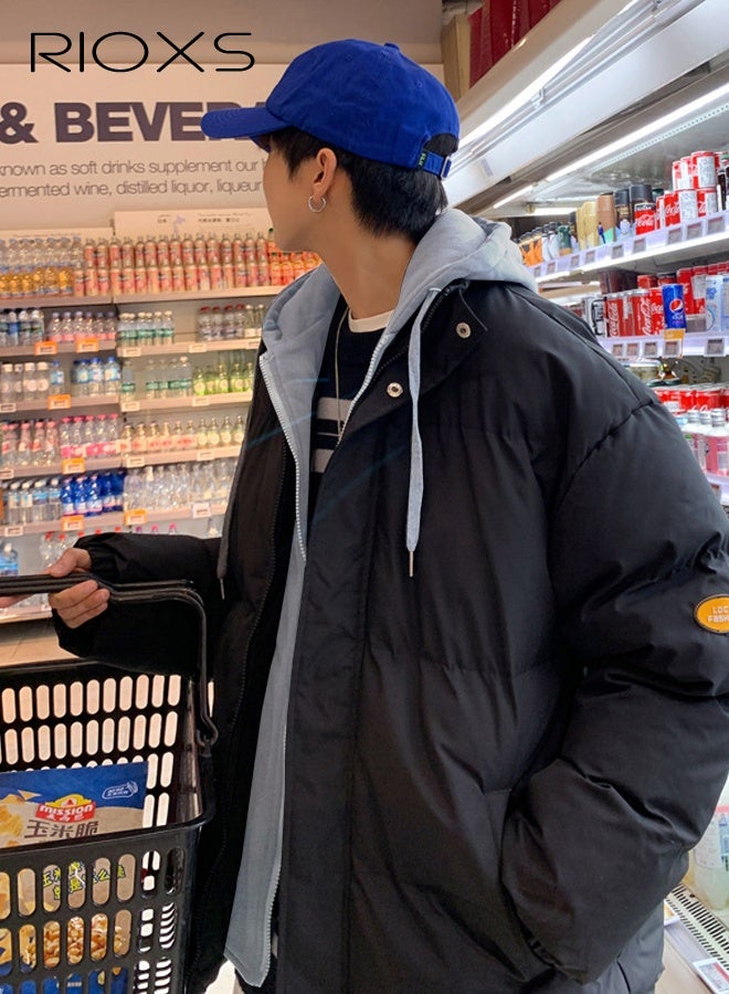 ريوكس جاكيت رجالي شتوي منفوخ جاكيت رجالي شتوي من قطعتين مبطن بالريش بخياطة وهمية جاكيت أسود كاجوال سميك وكبير الحجم - Image 1