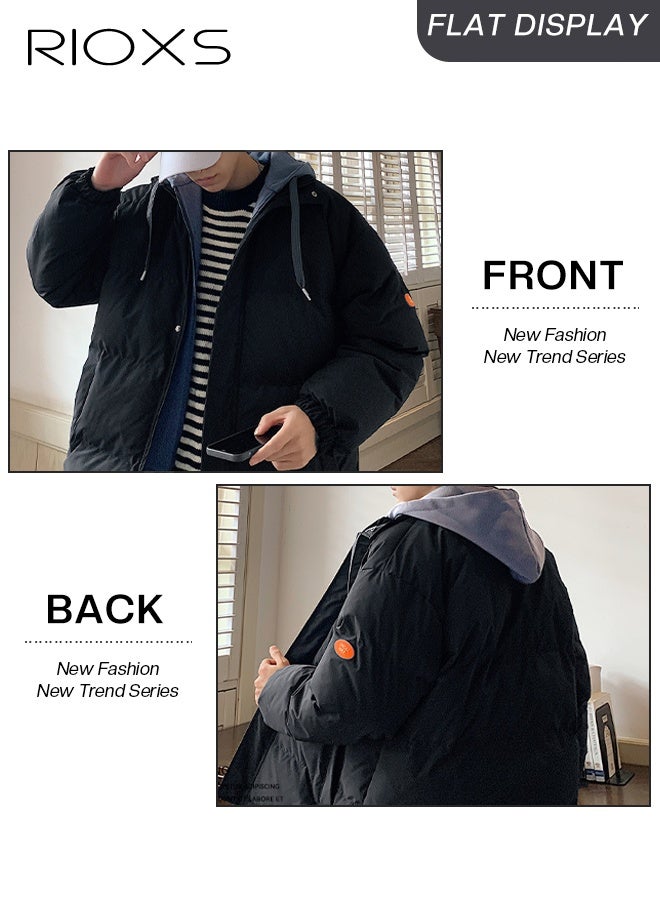 ريوكس جاكيت رجالي شتوي منفوخ جاكيت رجالي شتوي من قطعتين مبطن بالريش بخياطة وهمية جاكيت أسود كاجوال سميك وكبير الحجم - Image 3