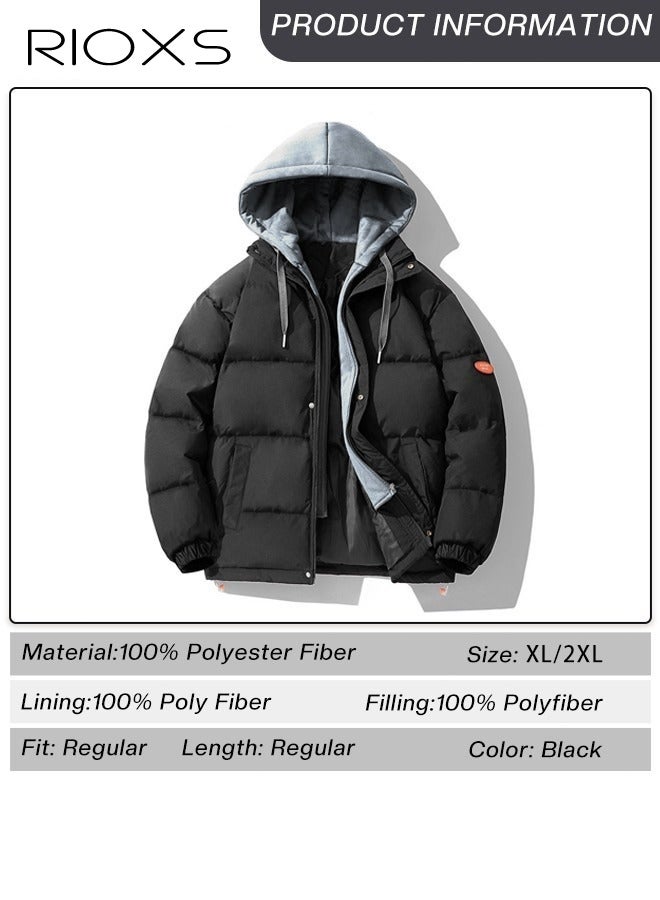 ريوكس جاكيت رجالي شتوي منفوخ جاكيت رجالي شتوي من قطعتين مبطن بالريش بخياطة وهمية جاكيت أسود كاجوال سميك وكبير الحجم - Image 5