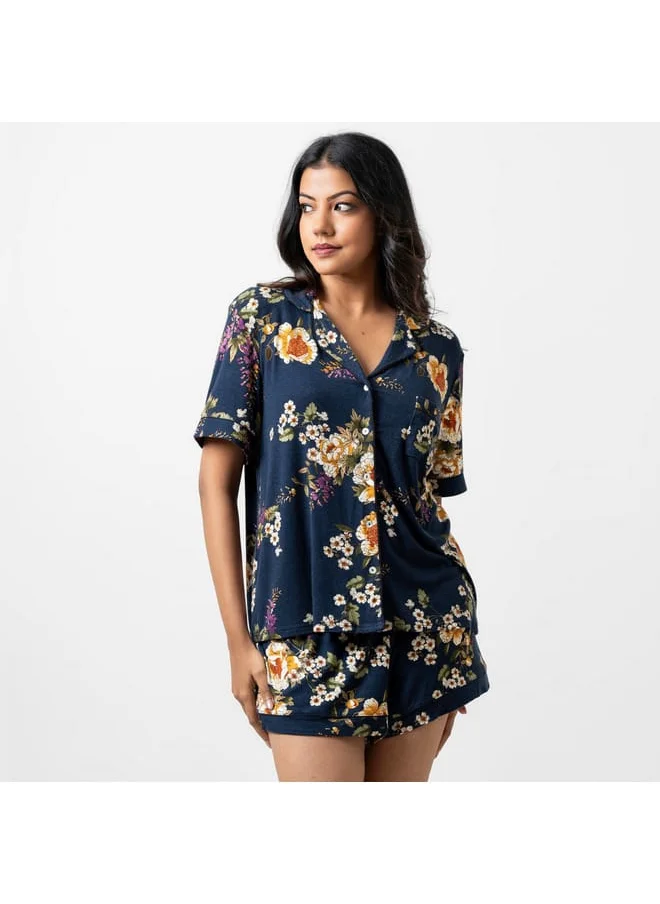 Aadaraya Aadaraya All-Over Floral Print Shirt and Elasticated Shorts Set