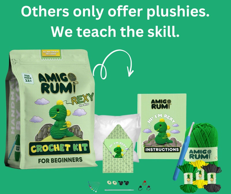 Amigo Rumi Cute Dinosaur Beginners Crochet Kit - Learn How to Crochet Starter Kit - 3+ Hour Video Tutorials & Crocheting Book - Easy to Stitch Yarn - Amigurumi Stuffed Animal for Kids 12+ & Adults - Image 3
