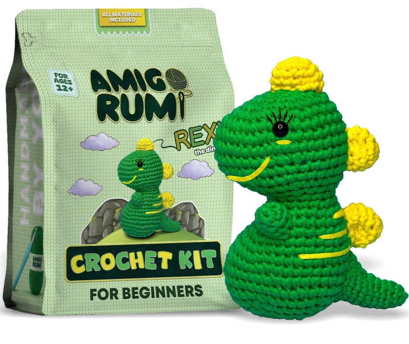Amigo Rumi Cute Dinosaur Beginners Crochet Kit - Learn How to Crochet Starter Kit - 3+ Hour Video Tutorials & Crocheting Book - Easy to Stitch Yarn - Amigurumi Stuffed Animal for Kids 12+ & Adults - Image 1