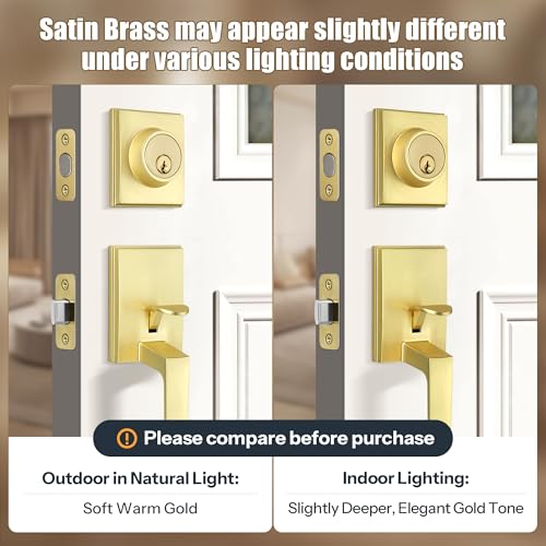 Gaurqiah Brushed Gold Front Door Handle Set with Reversible Lever HeavyDuty Exterior Door Lock Set with Single Cylinder Deadbolt Satin Brass Finish - Image 3