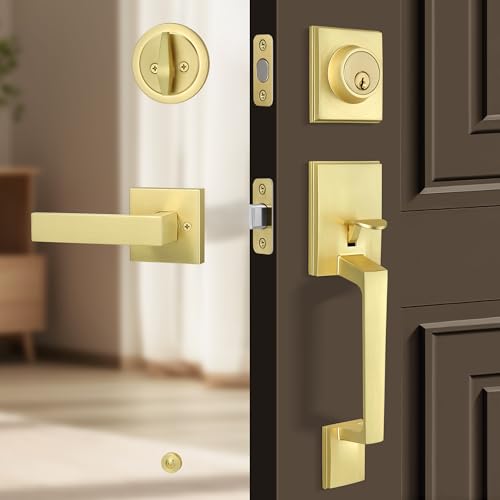 Gaurqiah Brushed Gold Front Door Handle Set with Reversible Lever HeavyDuty Exterior Door Lock Set with Single Cylinder Deadbolt Satin Brass Finish - Image 1