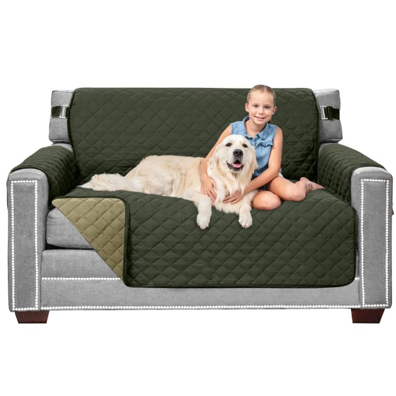 Sofa Shield Sofa Shield Loveseat Slip Cover with Patented Strap, Cushion Protector, Reversible Stain and Dog Tear Resistant Slipcover, Quilted Microfiber 54” Seat, Washable Covers, Dogs Pet Kids Hunter Green Sage - Image 1