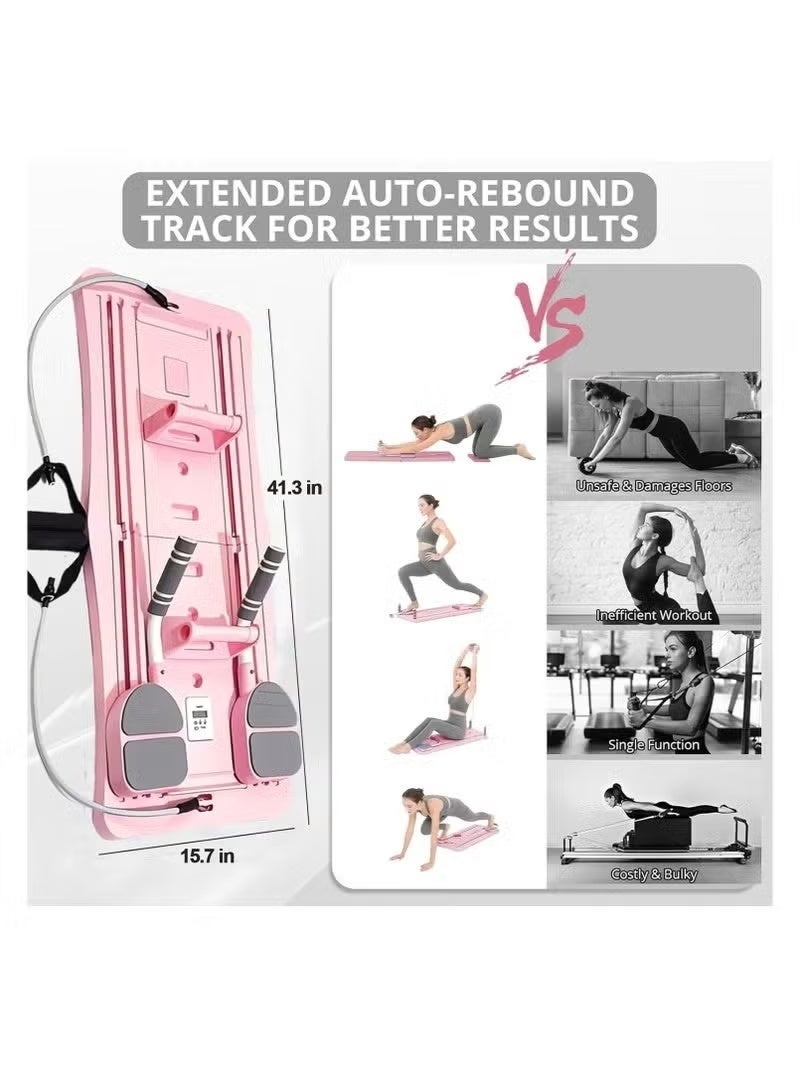 ELTRAZONE Foldable Pilates Reformer Machine with LED Counter, 5-in-1 Ab Roller Board & Core Workout Equipment, Pink - Image 4