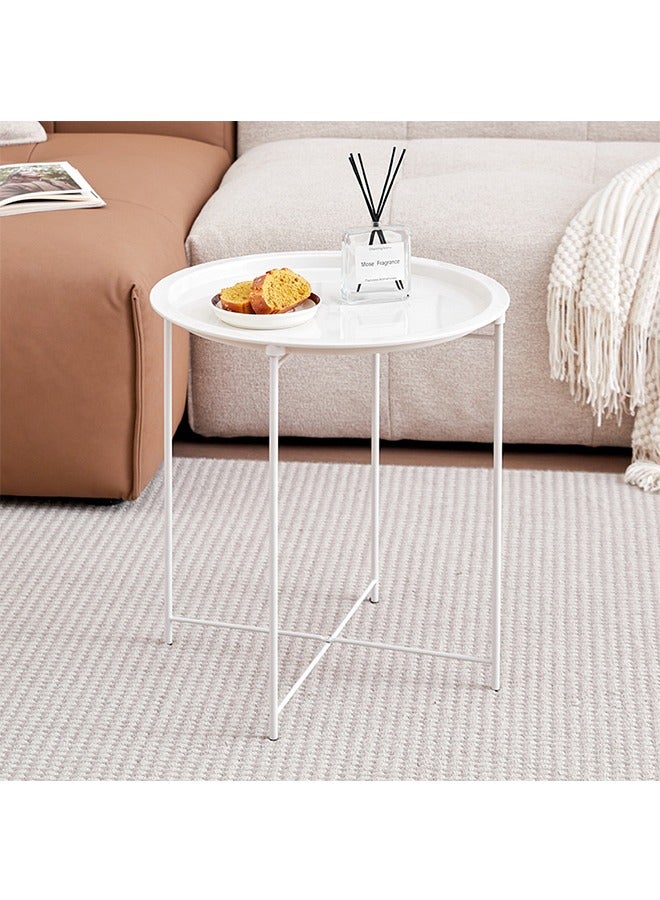 Generic Nordic Folding Coffee Table Modern Multifunctional Sofa Side Table Living Room Wrought Iron Small Round Table Leisure Tray Table Outdoor Universal Mini Round Table White  - Image 4