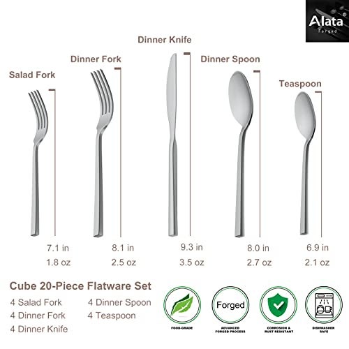 Alata Cube 20-Piece Forged Silverware Set Stainless Steel Flatware Set,Service for 4,Matte Satin Polished Cutlery Set,Dishwasher Safe - Image 4