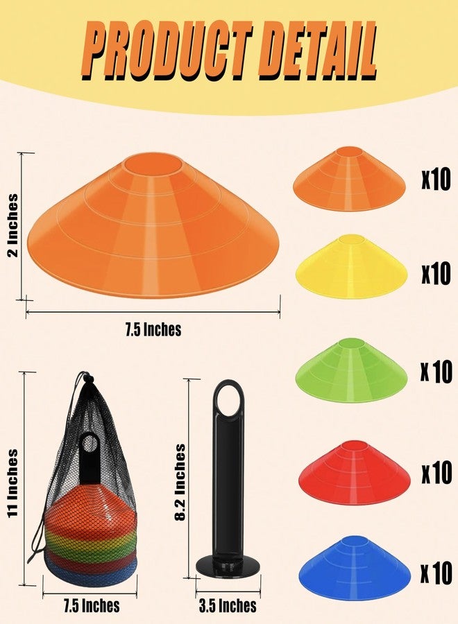 Qtheaes Disc Cones for Sports Training, 25/50 Pack Agility Soccer Cones with Carry Bag and Holder, Soccer, Football, Basketball, Coaching, Practice Equipment, 5 Color - Image 2