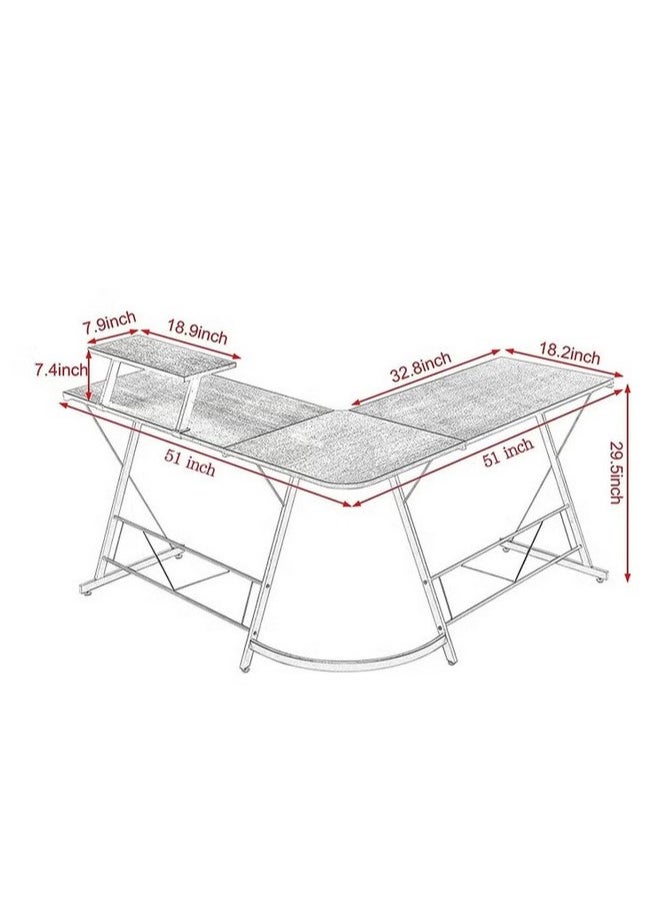 ‘Gaming Professional L-Shaped Gaming Desk - Sleek design with built-in shelves, suitable for multiple monitors and gaming consoles.