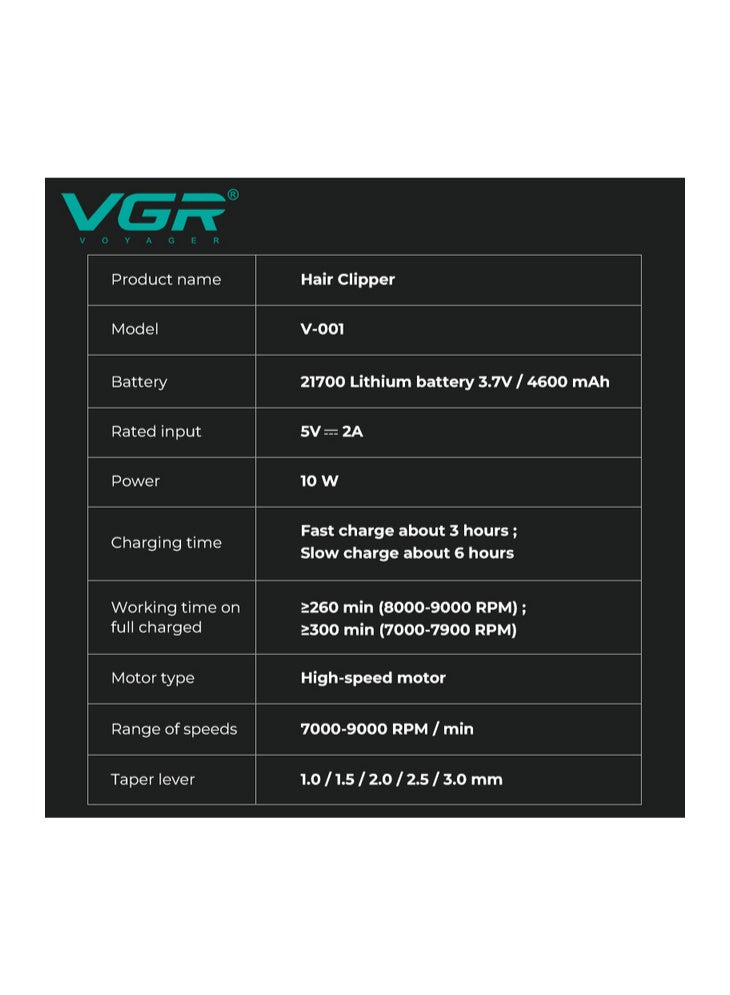 VGR V-001 Professional Men's Hair Clipper, Cordless Hair Trimmer, Carbon Steel Head, 9000 RPM, LED Display, Gold - Image 3