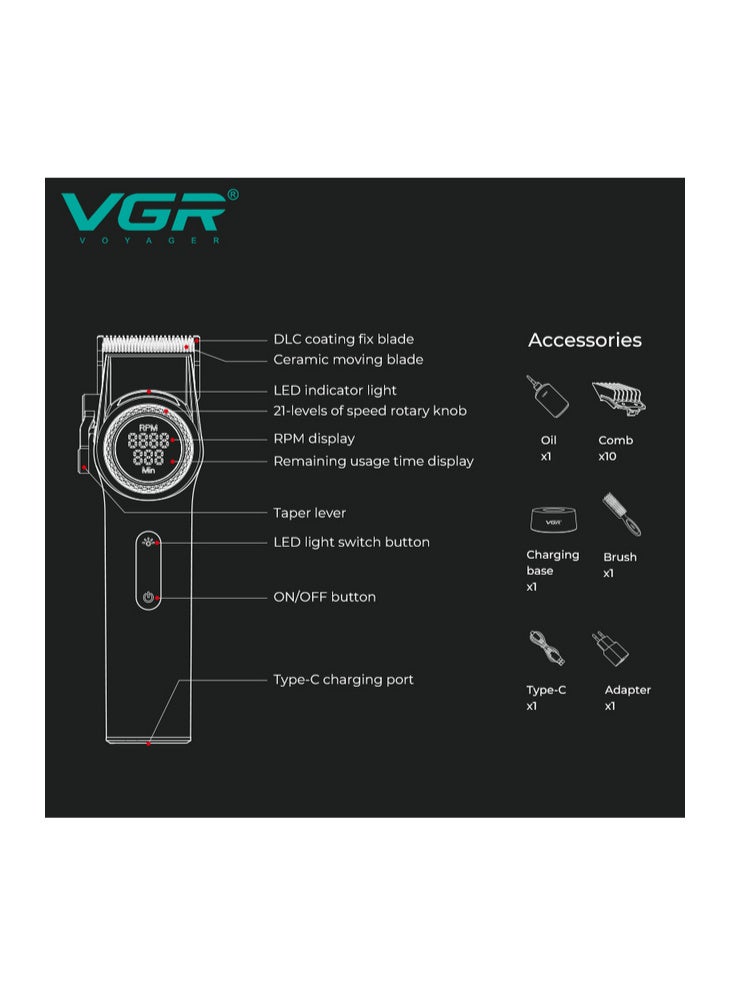 VGR V-001 Professional Men's Hair Clipper, Cordless Hair Trimmer, Carbon Steel Head, 9000 RPM, LED Display, Gold - Image 4