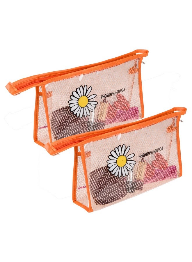 Kuber Industries Toiletry Pouch | Cosmetic Makeup Pouch | Vanity Pouch for Woman | Makeup Accessories Pouch | Transparent Net Pouch | Sunflower-Cosmetic Pouch | Pack of 2 | Orange - Image 1