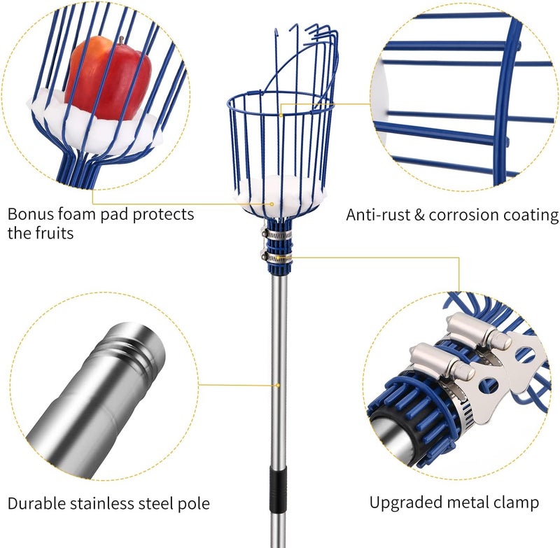OAK LEAF Fruit Picker, 13 FT Picker Pole with Basket, Length Adjustable Apple Orange Picker Tool Tree Fruit Catcher with Lightweight Stainless Steel Connecting Pole, Foam Pad, 2 Metal Clamp(Upgraded) - Image 5