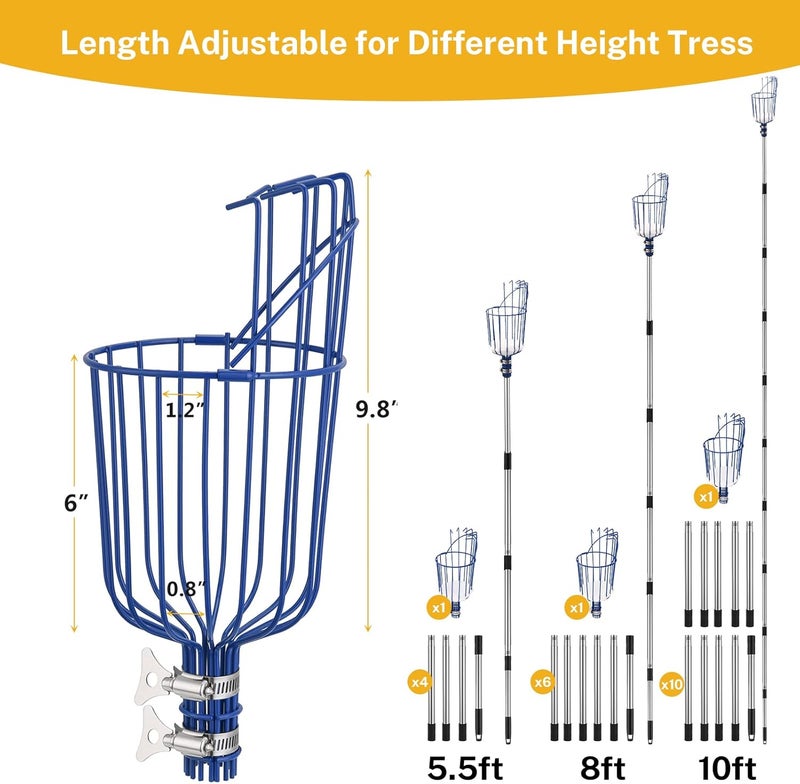 OAK LEAF Fruit Picker, 13 FT Picker Pole with Basket, Length Adjustable Apple Orange Picker Tool Tree Fruit Catcher with Lightweight Stainless Steel Connecting Pole, Foam Pad, 2 Metal Clamp(Upgraded) - Image 3
