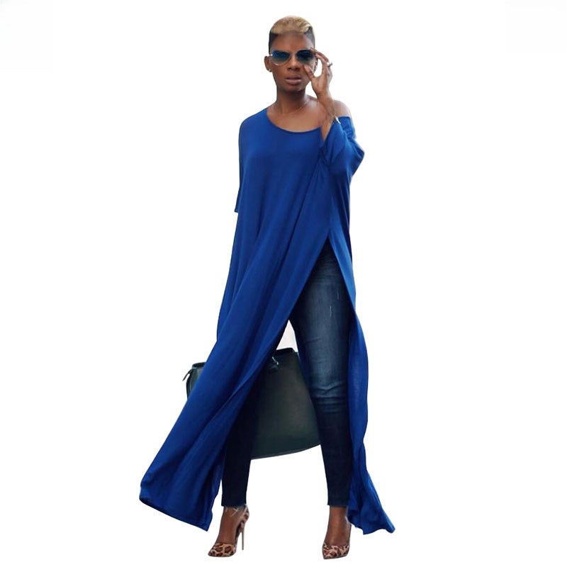 Muslim Robe Womens Split Side Maxi Top Casual Tee Dress Blue - Image 5