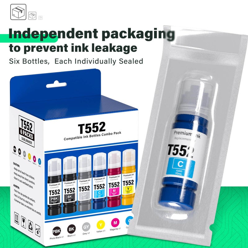 SUBLIMAKER Compatible for 552 Ink Refill Bottles 6 Pack (NotSublimation Ink) Compatible Replacement for Epson Ecotank Photo ET-8550 ET-8500 ET8550 ET8500 8550 8500 Printer, T552 Ink (BK Pigment, PB C M Y GY Dye) - Image 5