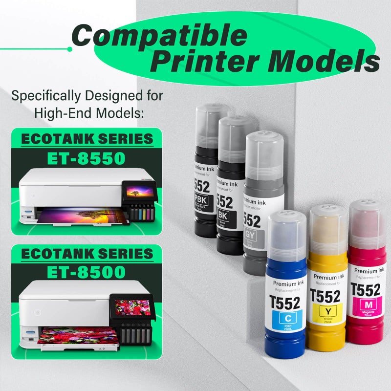 SUBLIMAKER Compatible for 552 Ink Refill Bottles 6 Pack (NotSublimation Ink) Compatible Replacement for Epson Ecotank Photo ET-8550 ET-8500 ET8550 ET8500 8550 8500 Printer, T552 Ink (BK Pigment, PB C M Y GY Dye) - Image 2