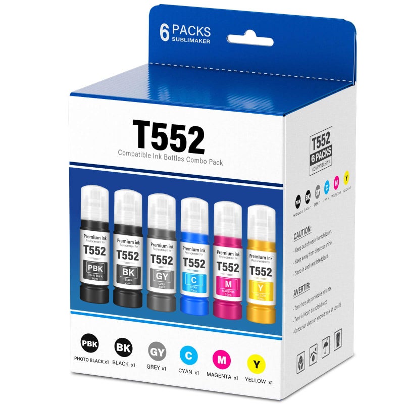 SUBLIMAKER Compatible for 552 Ink Refill Bottles 6 Pack (NotSublimation Ink) Compatible Replacement for Epson Ecotank Photo ET-8550 ET-8500 ET8550 ET8500 8550 8500 Printer, T552 Ink (BK Pigment, PB C M Y GY Dye) - Image 1