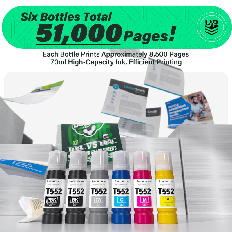 SUBLIMAKER Compatible for 552 Ink Refill Bottles 6 Pack (NotSublimation Ink) Compatible Replacement for Epson Ecotank Photo ET-8550 ET-8500 ET8550 ET8500 8550 8500 Printer, T552 Ink (BK Pigment, PB C M Y GY Dye) - Image 3