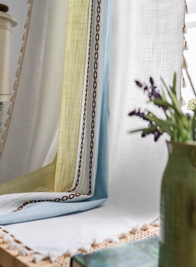 Deeprove Boho Linen Curtains 84 inch for Bedroom Living Room, Semi Blackout Textured Farmhouse Tassels Window Treatment Bohemian Embroidery Drape Rod Pocket 1 Panel 52" W x 84" L, Blue and Sage Green - Image 2