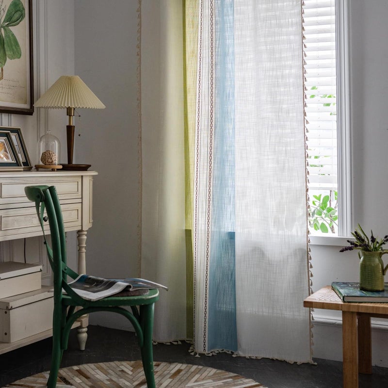 Deeprove Boho Linen Curtains 84 inch for Bedroom Living Room, Semi Blackout Textured Farmhouse Tassels Window Treatment Bohemian Embroidery Drape Rod Pocket 1 Panel 52" W x 84" L, Blue and Sage Green - Image 1