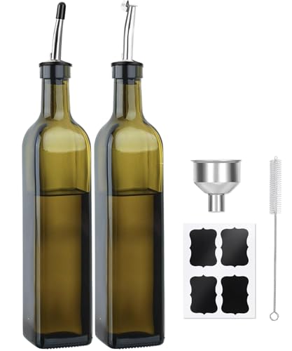 MEIDAYAI Olive Oil Dispenser Bottle 2 Pcs Green Glass Oil Bottle for Kitchen Oil and Vinegar Dispenser Set with Pourers and Funnel 17oz Green Olive Oil Bottle Dispenser - Image 1