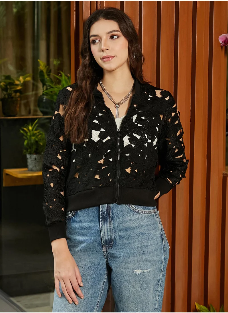 Campus Sutra Women's Jet Black Self-Design Botanical Jacket