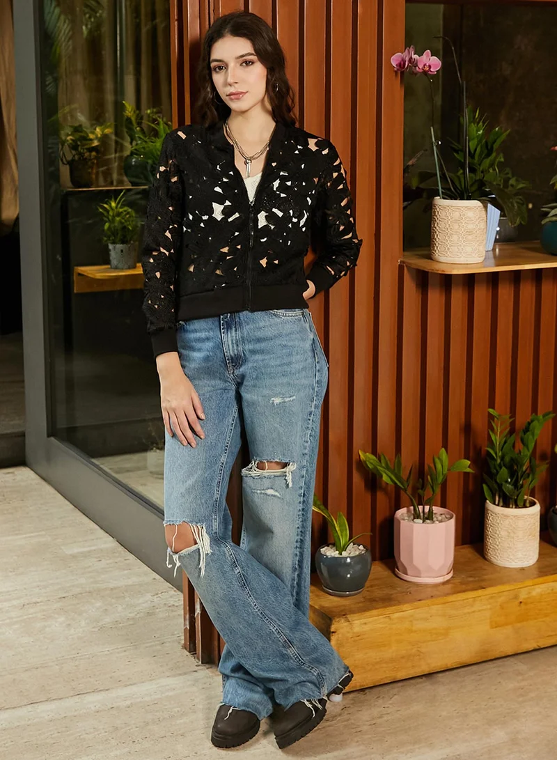 كامبوس سوترا Women's Jet Black Self-Design Botanical Jacket