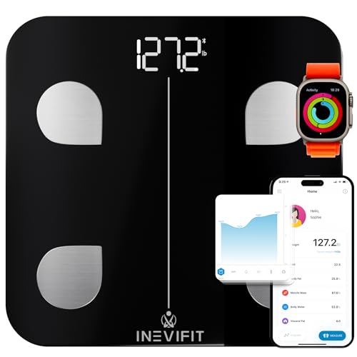 INEVIFIT ميزان الدهون الذكي INEVIFIT، دقيق للغاية، ميزان رقمي للحمام بتقنية البلوتوث، محلل تكوين الجسم، يقيس الوزن، نسبة الدهون، الماء، العضلات، الدهون الحشوية وكتلة العظام لمستخدمين غير محدودين (أسود) - Image 1