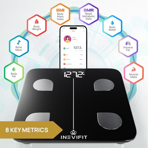 INEVIFIT ميزان الدهون الذكي INEVIFIT، دقيق للغاية، ميزان رقمي للحمام بتقنية البلوتوث، محلل تكوين الجسم، يقيس الوزن، نسبة الدهون، الماء، العضلات، الدهون الحشوية وكتلة العظام لمستخدمين غير محدودين (أسود) - Image 2