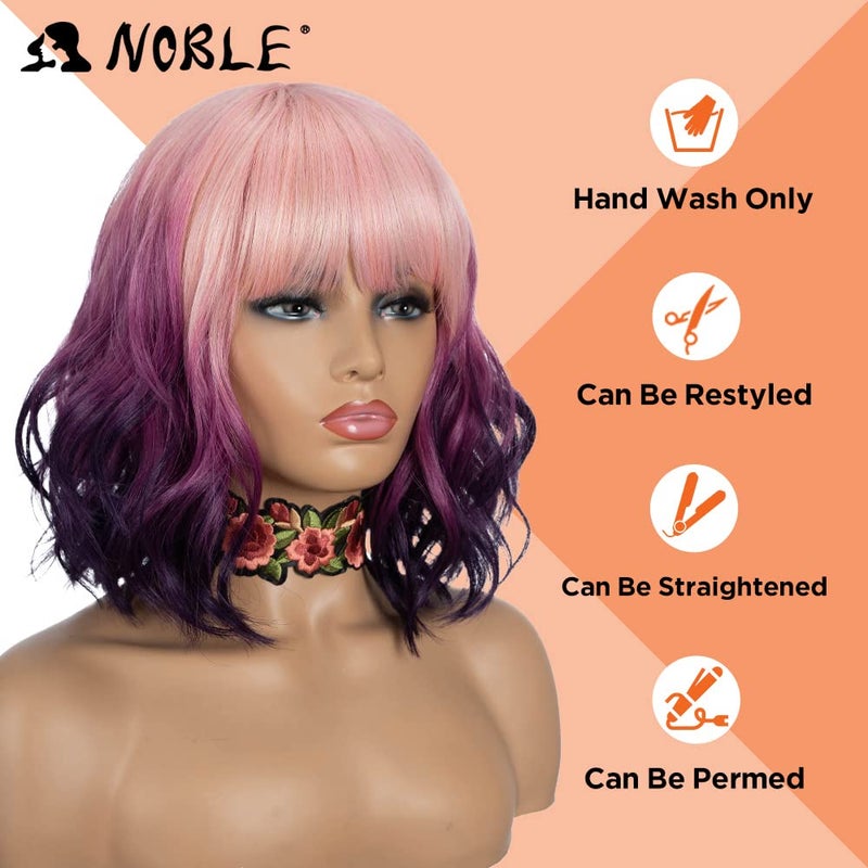 NOBLE Colourful Short Bob Wigs with Bangs for Women 3 Tone Ombre Pink root to Purple Color Short Wavy Bob Hair Wig Shoulder Length Synthetic Heat Resistant Bob Wigs - Image 2