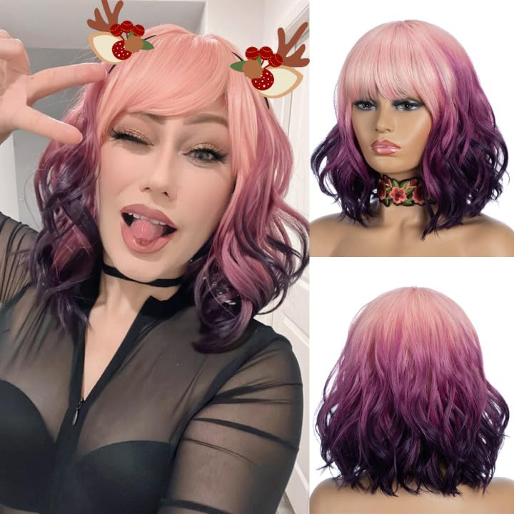 NOBLE Colourful Short Bob Wigs with Bangs for Women 3 Tone Ombre Pink root to Purple Color Short Wavy Bob Hair Wig Shoulder Length Synthetic Heat Resistant Bob Wigs - Image 1