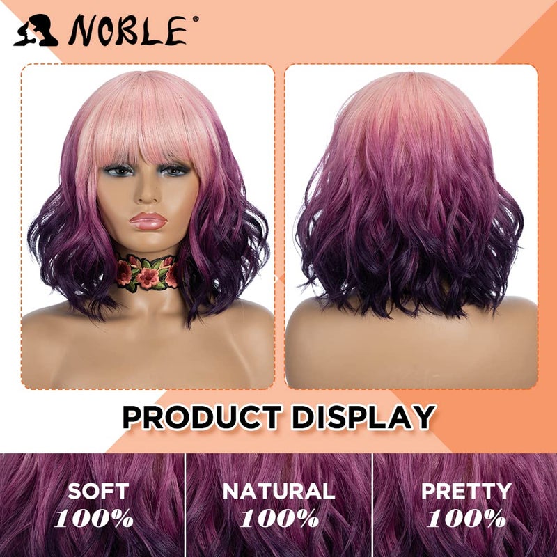 NOBLE Colourful Short Bob Wigs with Bangs for Women 3 Tone Ombre Pink root to Purple Color Short Wavy Bob Hair Wig Shoulder Length Synthetic Heat Resistant Bob Wigs - Image 3