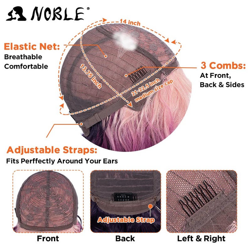 NOBLE Colourful Short Bob Wigs with Bangs for Women 3 Tone Ombre Pink root to Purple Color Short Wavy Bob Hair Wig Shoulder Length Synthetic Heat Resistant Bob Wigs - Image 5