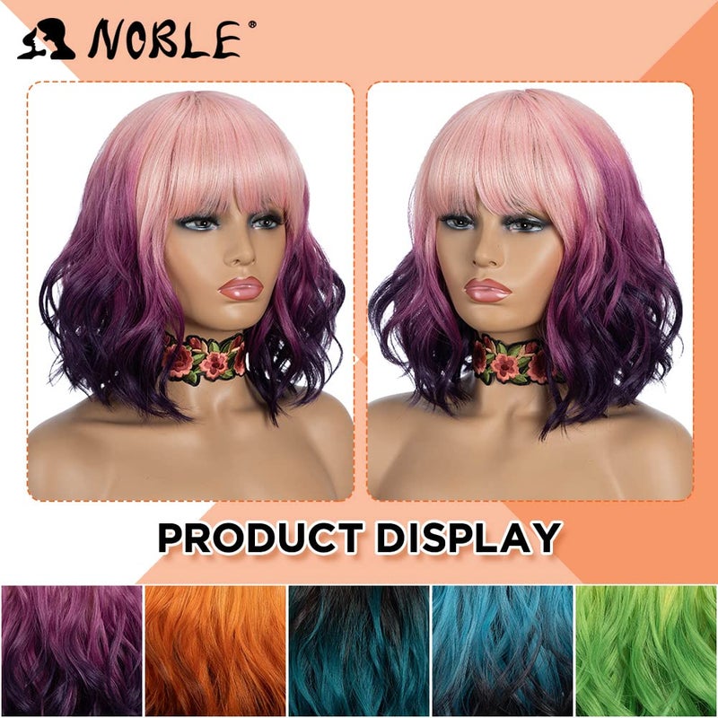 NOBLE Colourful Short Bob Wigs with Bangs for Women 3 Tone Ombre Pink root to Purple Color Short Wavy Bob Hair Wig Shoulder Length Synthetic Heat Resistant Bob Wigs - Image 4