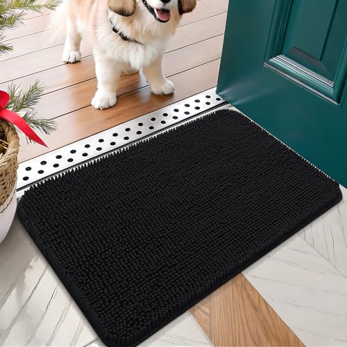 OLANLY Dog Door Mat for Muddy Paws 24x16 Absorbs Moisture and Dirt Absorbent NonSlip Washable Doormat Quick Dry Chenille Mud Mat for Dogs Entry Indoor Entryway Carpet for Inside Floor Black