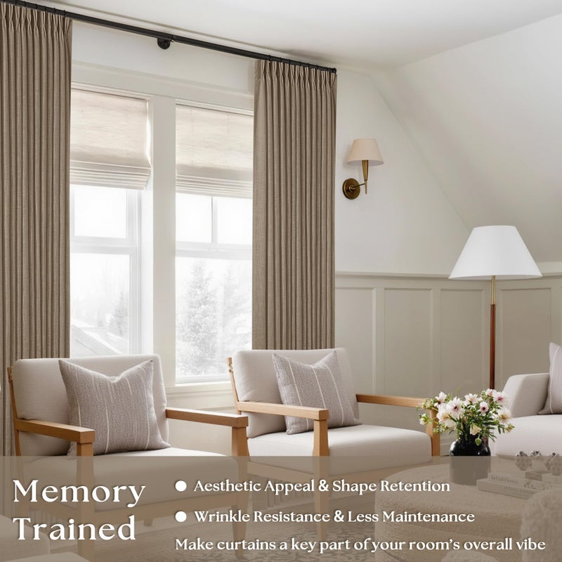 TWODRAPES Pleated Linen Curtains 96 Inches Long Living Room 2 Panel Set Semi Sheer Light Filtering Pinch Pleat Rings Hooks Drapes Boho Farmhouse Rustic Light Brown Tan Latte Curtain Bedroom Window - Image 2
