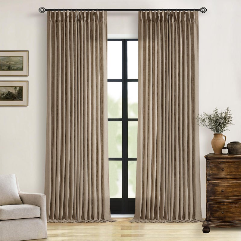 TWODRAPES Pleated Linen Curtains 96 Inches Long Living Room 2 Panel Set Semi Sheer Light Filtering Pinch Pleat Rings Hooks Drapes Boho Farmhouse Rustic Light Brown Tan Latte Curtain Bedroom Window - Image 1