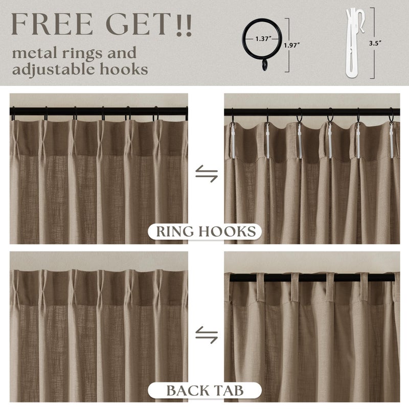 TWODRAPES Pleated Linen Curtains 96 Inches Long Living Room 2 Panel Set Semi Sheer Light Filtering Pinch Pleat Rings Hooks Drapes Boho Farmhouse Rustic Light Brown Tan Latte Curtain Bedroom Window - Image 5