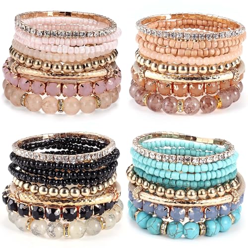 MILACOLATO 4 Sets Boho Bracelets for Women Multi-Color Layered Stackable Natural Beaded Bracelets Adjustable Stretch Bohemian Bracelets 4 pcs - Image 1